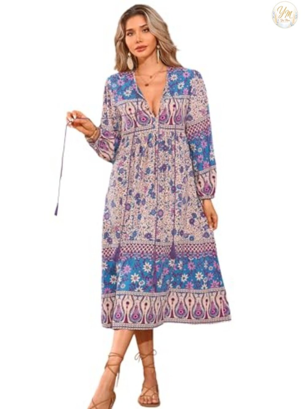 R.Vivimos Women's Long Sleeve Boho Floral Midi Dress Rayon Cotton
